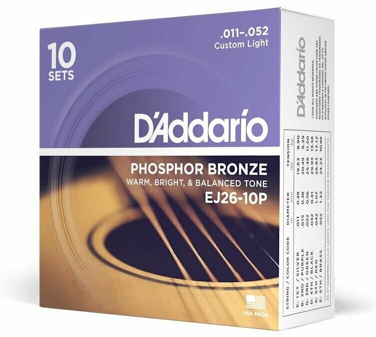 D'Addario EJ-26-10P 10 комплектов струн для акустической гитары, 11-52