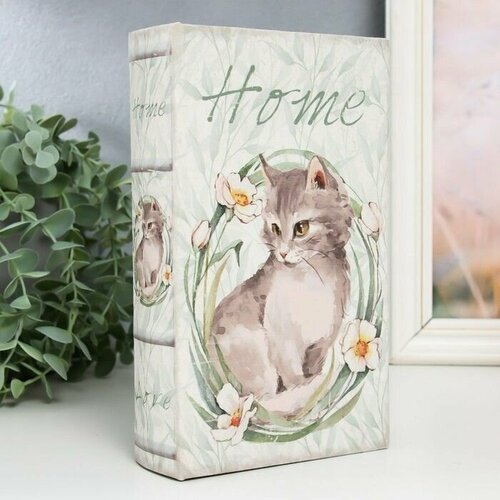 Сейф-книга дерево кожзам Серый котёнок с цветами 21х13х5 см 1630₽