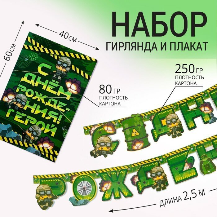 Страна Карнавалия Набор гирлянда и плакат "С Днем Рождения", военная,16 х 21 см