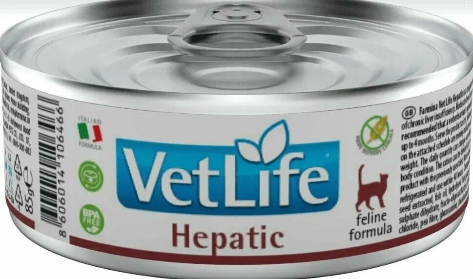 Консервы/влажный корм Farmina Vet Life Natural Diet Cat Hepatic для кошек всех пород при заболевании печени, (85 гр*12 шт)