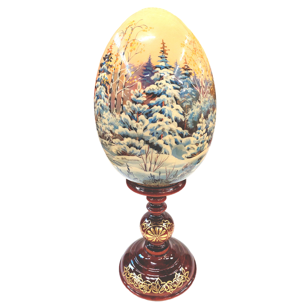 Деревянное яйцо на подставке "Зимний пейзаж", 35см.