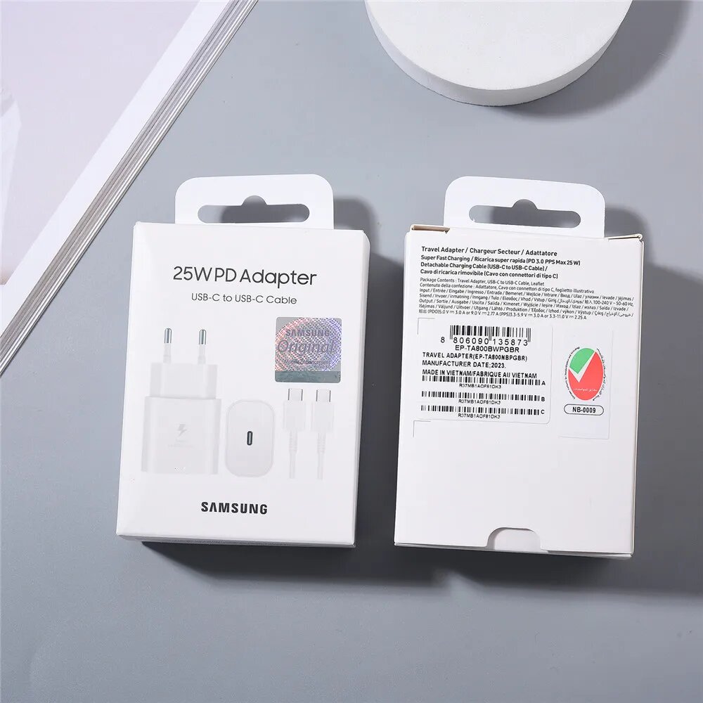 Супер быстрая зарядка Samsung Z Fold 7 25 Вт настенный адаптер питания USB C PD для Galaxy S25 Edge S24 S23 S22 S21 Ultra A56 S10 Z Flip 7 6 White EU Set (Box)
