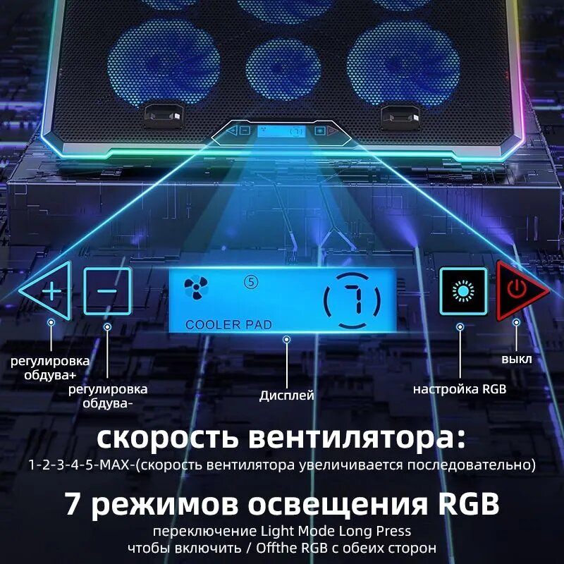 Регулируемая подставка для игровых ноутбуков, 6 вентиляторов, RGB LED подсветка, KYOLLY K15 10 углов наклона, держатель для смартфона, 2 USB , для экрана 13"-19" — фото 1