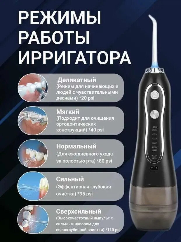 Ирригатор для полости рта портативный/для зубов, 8 сменных насадок, 5 режимов для чистки зубов и брекетов языка импульсивный ортодонтический/с чехлом — фото 1