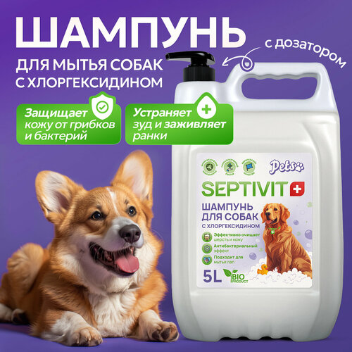 Шампунь для мытья собак Septivit, с хлорогексидином, гипоаллергенный, 5 л