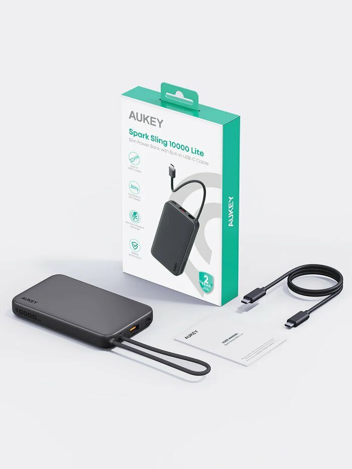 Внешний аккумулятор Aukey Sprint Cable, 10 000 мАч, 20 Вт, со встроенным кабелем Type-C (PB-Y53P) — фото 1