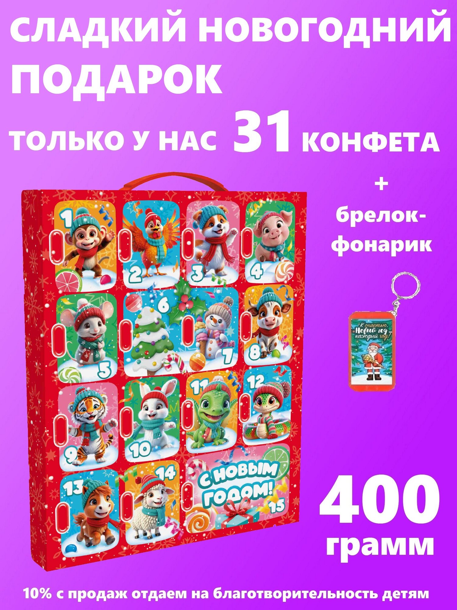 Сладкий адвент календарь Зимний 15 окошек 31 конфета 400 гр. + брелок-игрушка