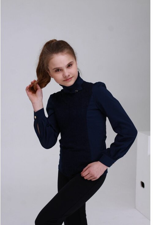 Школьная блуза Polus-club, полуприлегающий силуэт, на пуговицах, длинный рукав, однотонная, размер 128, синий