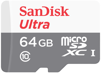 Карта памяти SanDisk Ultra microSDXC Class 10 UHS-I 100MB/s 64 GB, чтение: 100 MB/s, запись: 10 MB/s, адаптер на SD