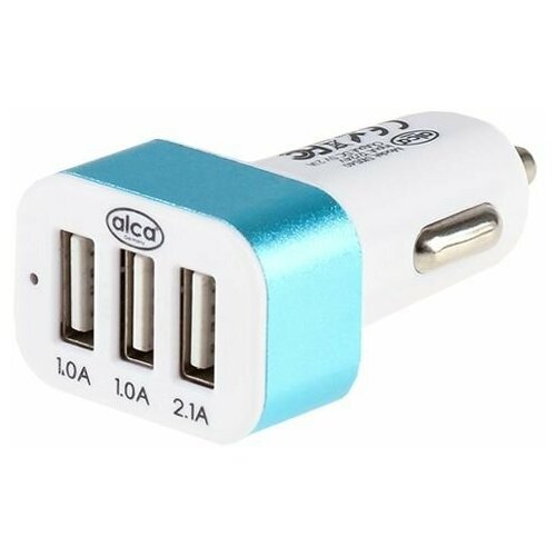 Зарядное устройство в автомобиль с 3-мя USB, 2.1 А, 12В / 24В, белый - голубой