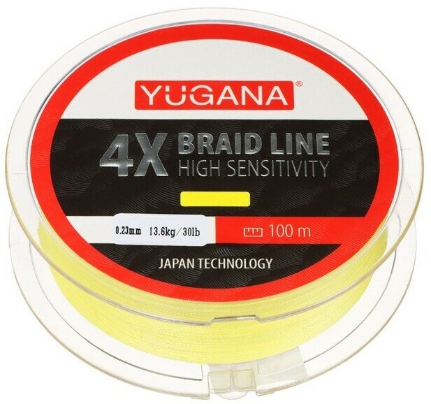 Леска плетеная YUGANA X4 PE, диаметр 0.23 мм, 13.6 кг, 100 м, жёлтая