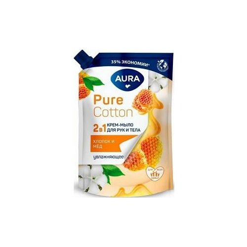 Aura Pure Cotton 2 в 1 Жидкое мыло для рук и тела увлажняющее Хлопок и Мед, 450 мл в мягкой упаковке