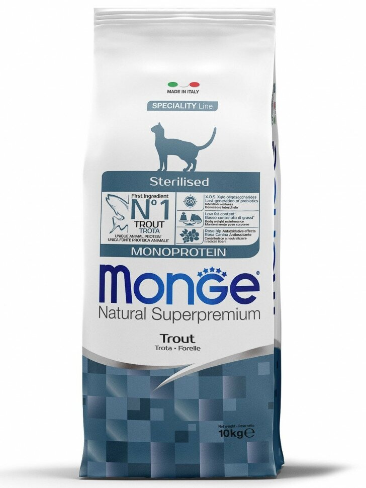 Monge Cat Monoprotein Sterilised сухой корм для взрослых стерилизованных кошек с форелью - 10 кг