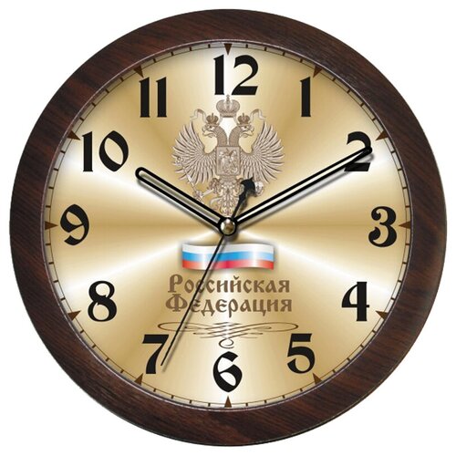 фото Часы настенные ход плавный, камелия "герб", круглые, 29*29*3,5, коричневая рамка