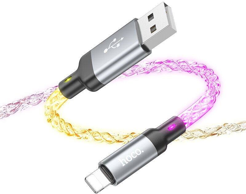 USB дата кабель Lightning, HOCO, U112, 1м, светящийся, серый