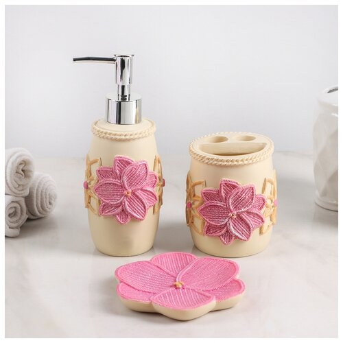 фото Набор для ванной "цветение" 3 предмета (мыльница, дозатор для мыла, стакан) 4697135 сима-ленд