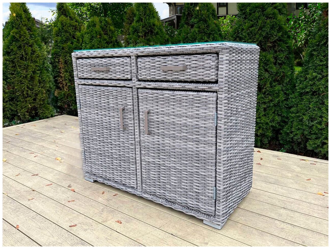 Комод Borgata TRIUMPH grey с 2-мя створками и 2-мя ящиками, плетеный, искусственный ротанг, стеклянная столешница, 110х50х103 см (ШхГхВ)