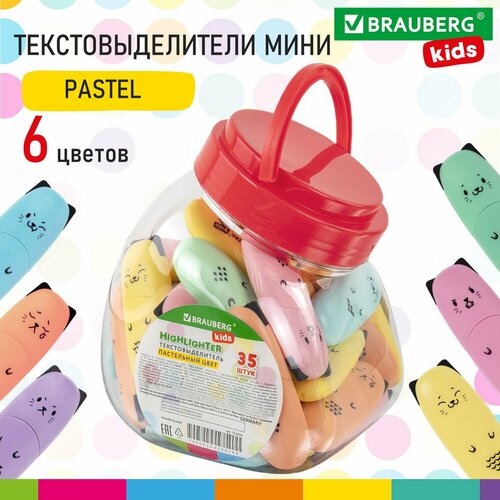 фото Текстовыделитель мини brauberg kids "cute cats pastel", ассорти в пластиковой банке, линия 1-5 мм, 152434. комплект : 35 шт.