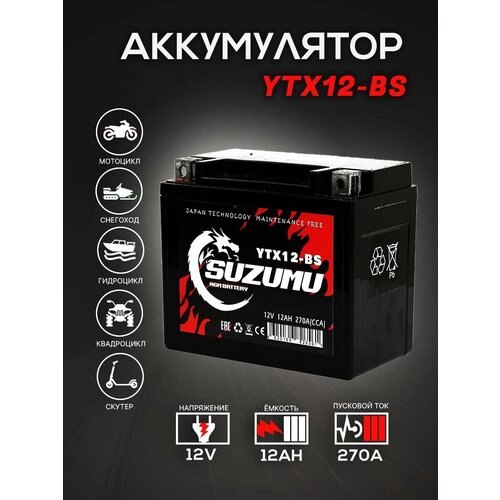 Мото Аккумулятор SUZUMU YTX12-BS AGM 12В