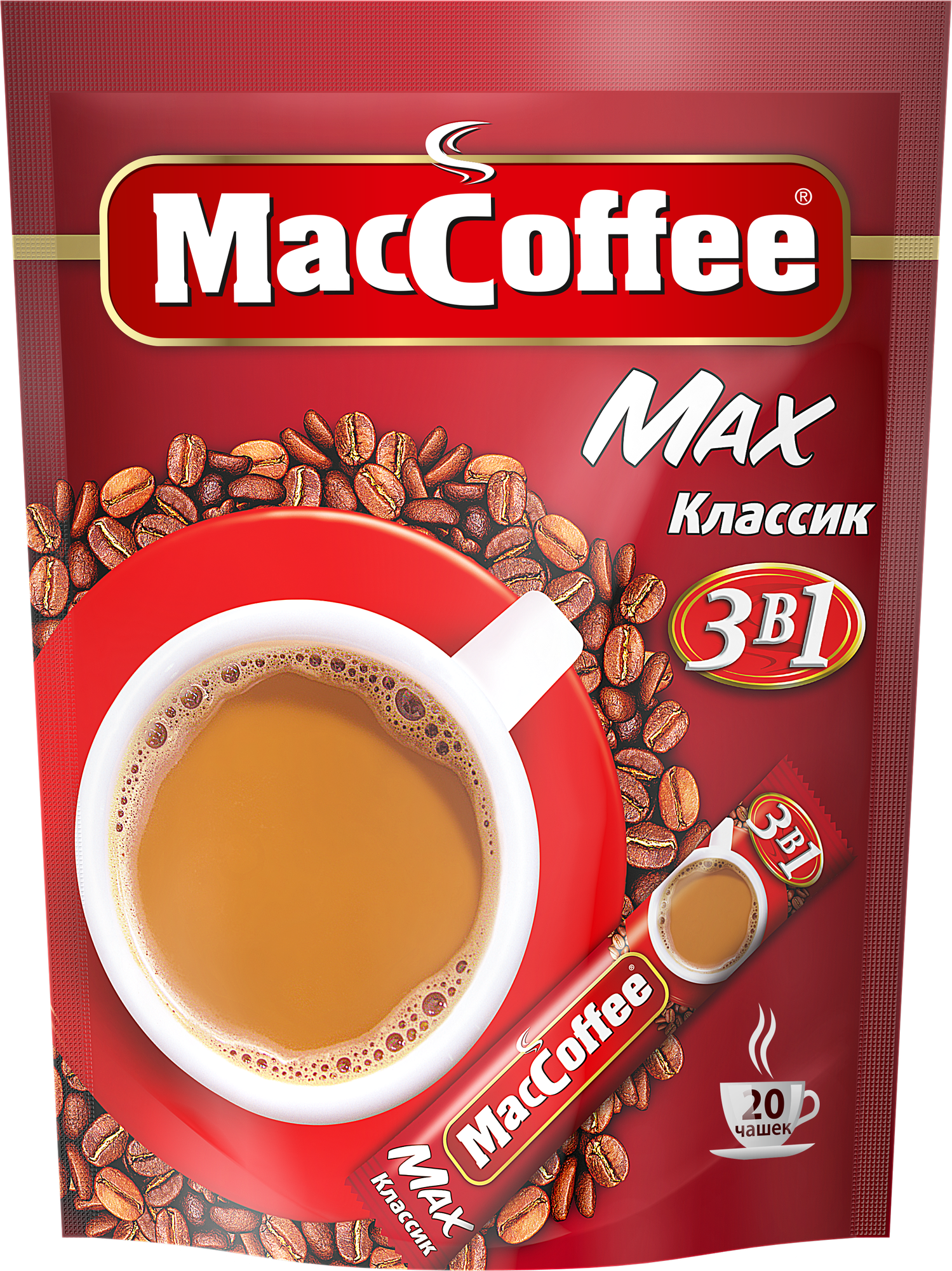 Растворимый кофе MacCoffee Max Классик 3 в 1, в стиках, 20 уп., 320 г