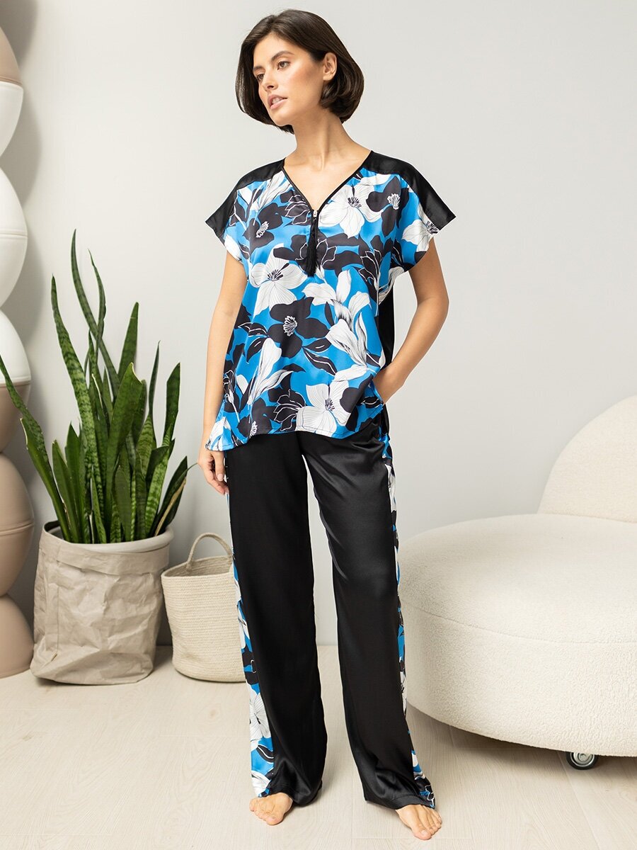 Комплект Mia-Mella, брюки, футболка, короткий рукав, размер XL, голубой, черный - фотография № 2