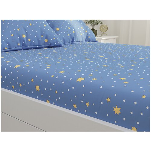 фото Простыня на резинке сказка зимние звезды, перкаль, 160 х 200 см, синий/желтый/белый