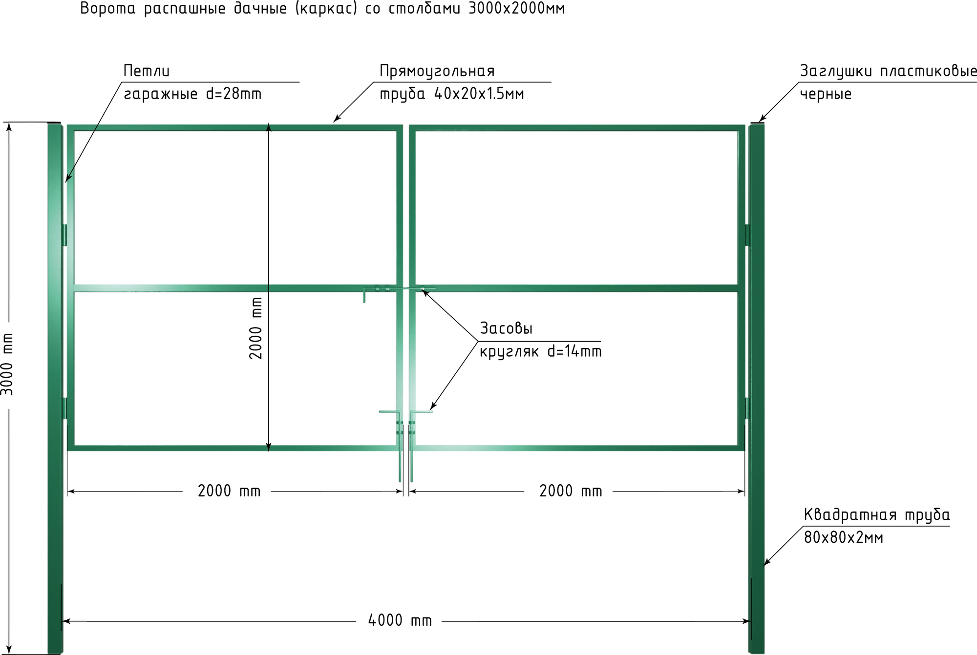 Ворота распашные 4,0х2,0 м со столбами, открывание наружу, цвет зеленый (только каркас).