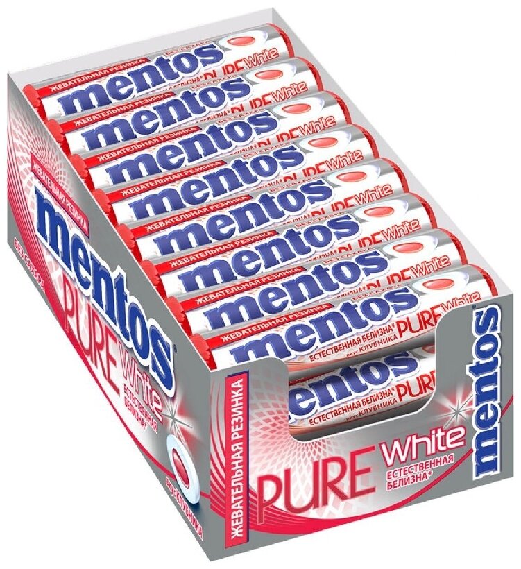 Жевательная резинка Mentos Pure White вкус Клубника, 24 шт по 15,5 г