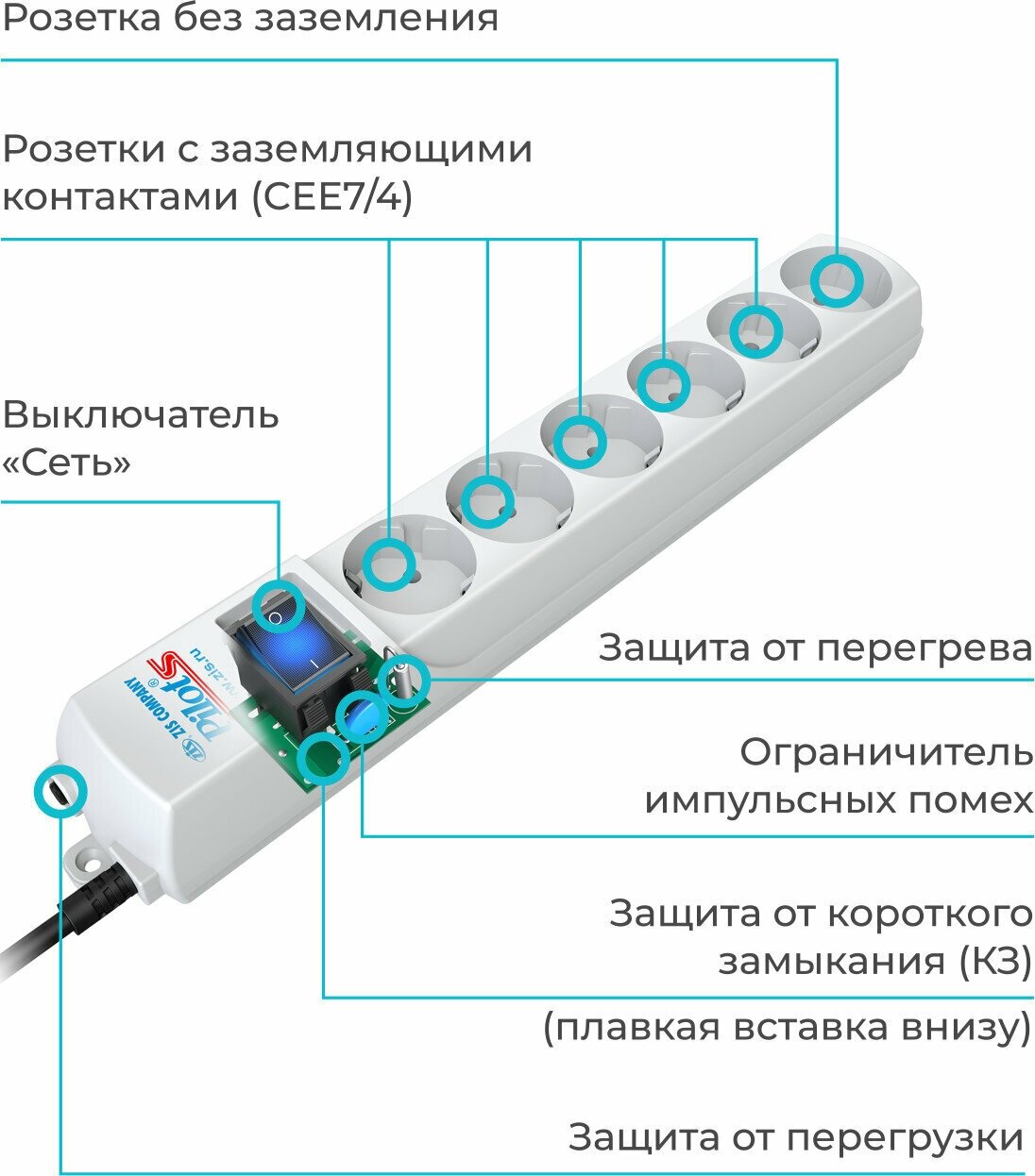 Сетевой фильтр Pilot S 6 розеток с/з 10А / 2200 Вт