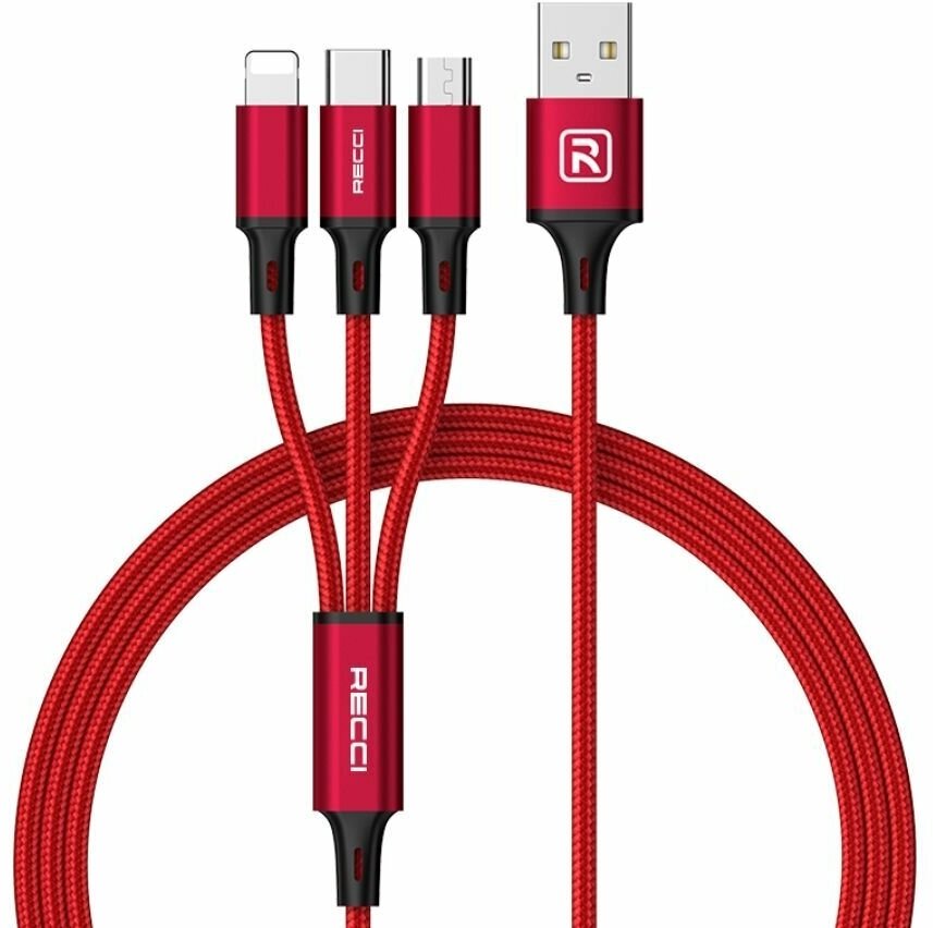 Кабель для зарядки телефона Recci RCS-D120 Tube USB to Type-C+Lightning+Micro-USB 1.2 метра красный