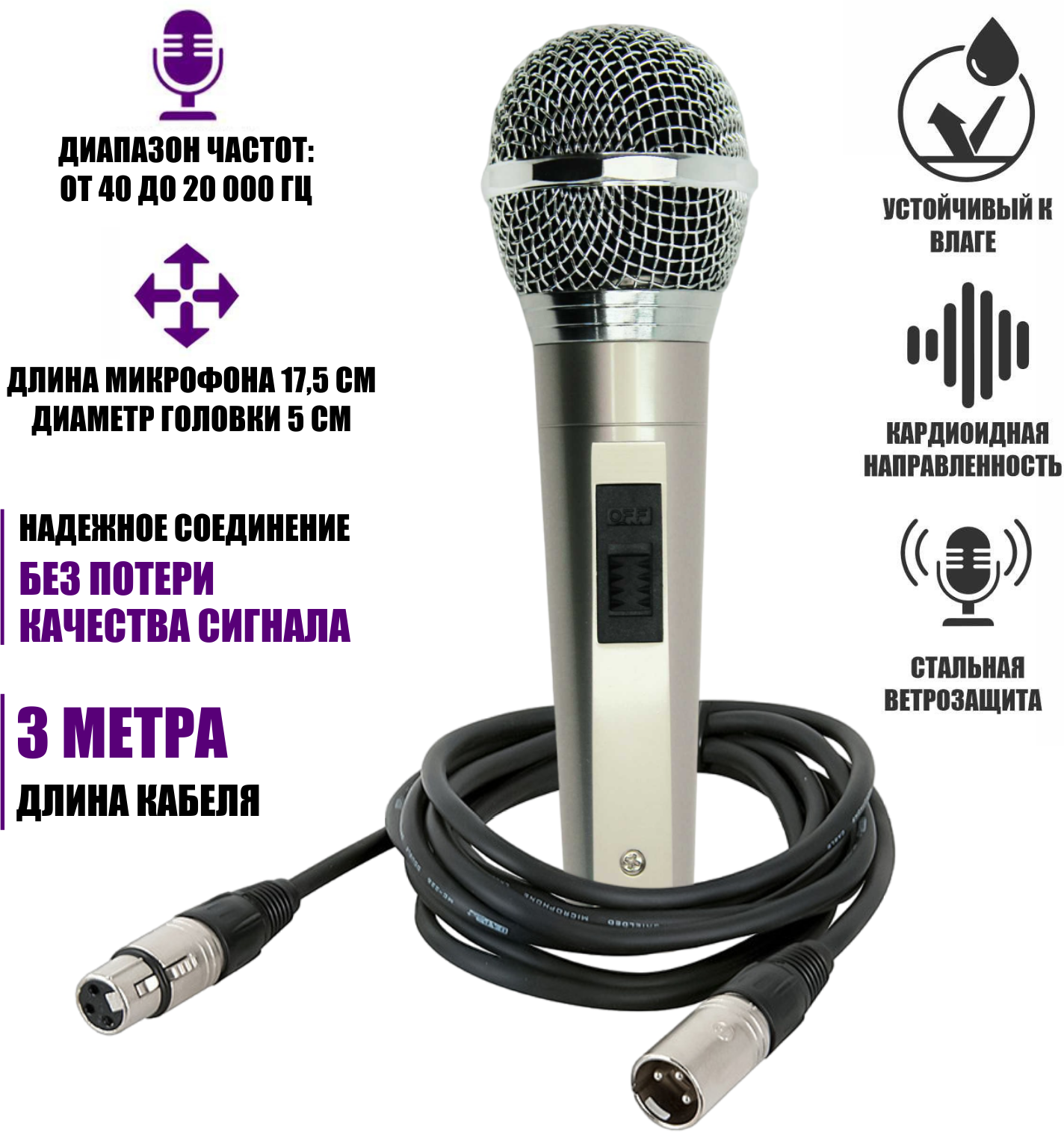 Динамический микрофон TMHK-1 с кабелем 3 м, разъем XLR (M)-XLR (F)