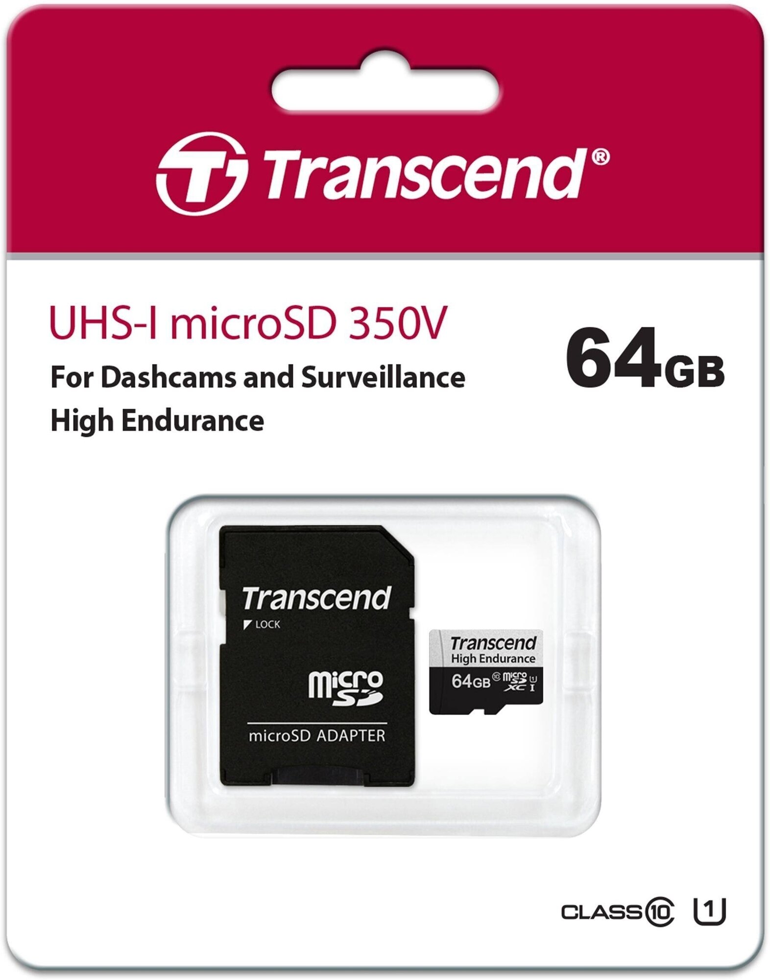 Флеш карта microSD 64GB Transcend microSDXC Class 10, UHS-I U1, High Endurance, (SD адаптер), R/W: 100/45 MB/s, 3D TLC