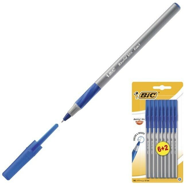 Ручка шариковая, чернила синие, 0.8 мм, тонкое письмо, резиновый упор, набор 6 штук + 2 в подарок, Round Stic Exact
