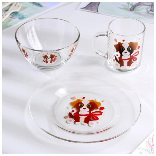 фото Набор для завтрака "dog" (тарелка 20 см, миска 450 мл, кружка 200 мл) 5367440 gidglass