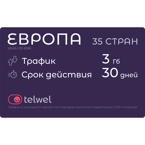 Туристический eSIM Европа 35 стран, 3 Гб/30 дней. Пакет Трафик и мессенджеры