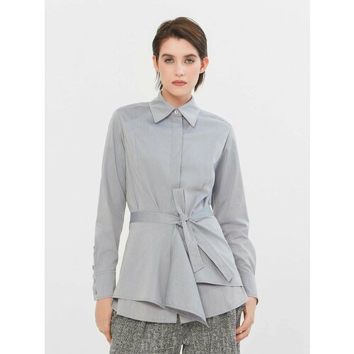 Блуза  Lo, классический стиль, полуприлегающий силуэт, длинный рукав, баска, однотонная, размер 44, серый