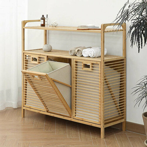Этажерка для ванной из бамбука, Стеллаж для хранения с корзиной для белья Bambuchka, 100x30x95 см