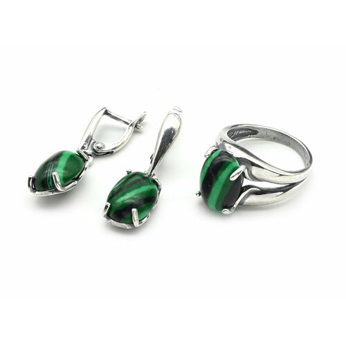 фото Комплект бижутерии: серьги, кольцо, малахит синтетический, размер кольца 19, зеленый кольцо серьги с малахитом имитация размер 19.