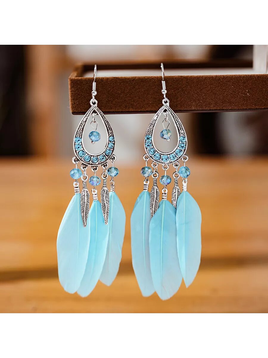 Серьги be self true, перо, дерево, серебристый/голубой