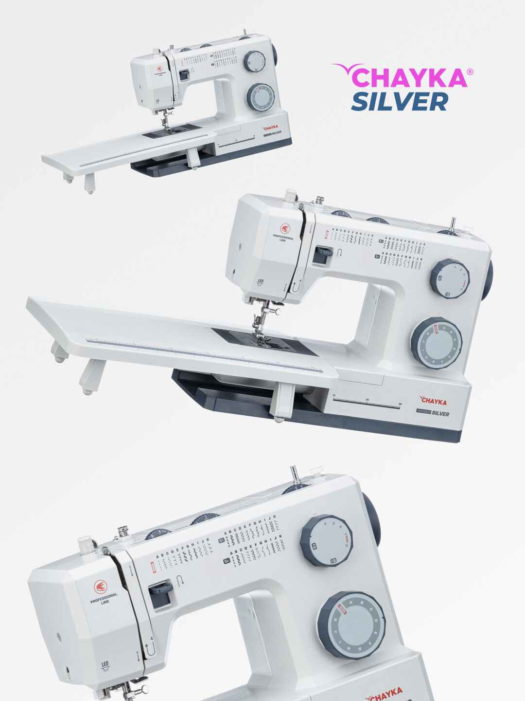 Швейная машина Chayka Silver, 34 операции, горизонтальный челнок, с нитевдевателем, серая — фото 1