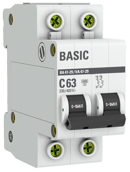 Автоматический выключатель EKF 2P 63А (C) 4,5kA ВА 47-29 EKF Basic 1 штука