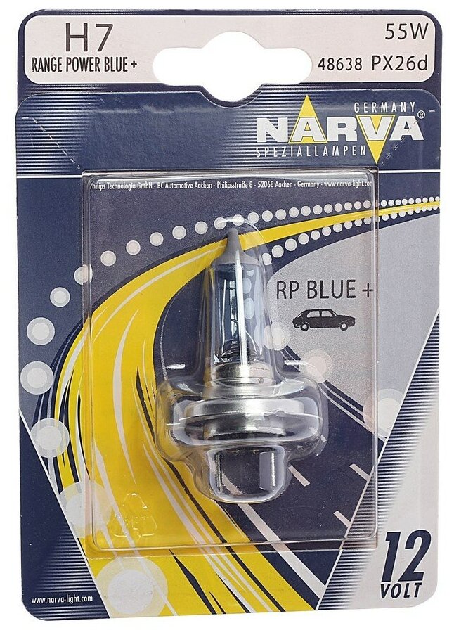 Лампа автомобильная галогенная Narva Range Power Blue+ 48638 H7 12V 55W PX26d