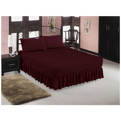 фото Универсальный чехол-покрывало на кровать с двумя наволочками, цвет бордовый karbeltex