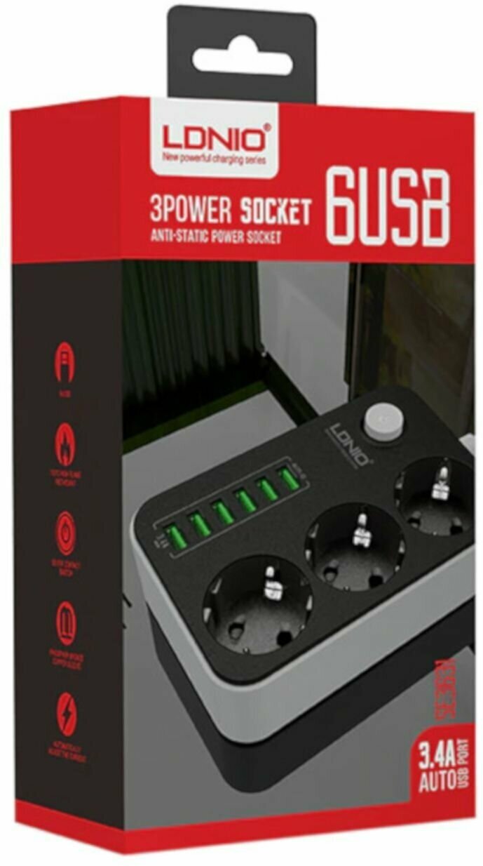 Cетевой фильтр Ldnio Power Socket 3 розетки 6 USB SE3631