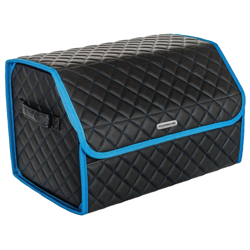 фото Сумка-органайзер в багажник автомобиля из перфорированной экокожи черная с синей нитью vicecar с логотипом porshe (светло-синий кант)