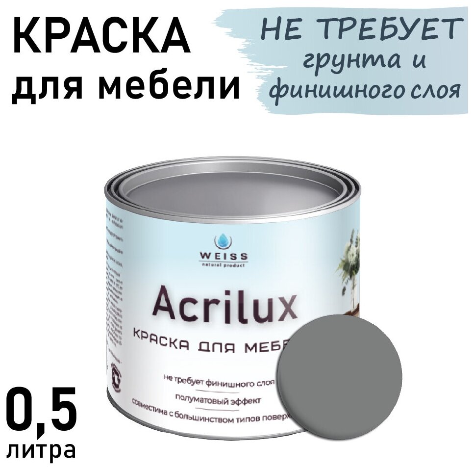 Краска Acrilux для мебели 0,5л RAL 7037, для кухонных фасадов, для декора, для творчества, моющаяся. без запаха