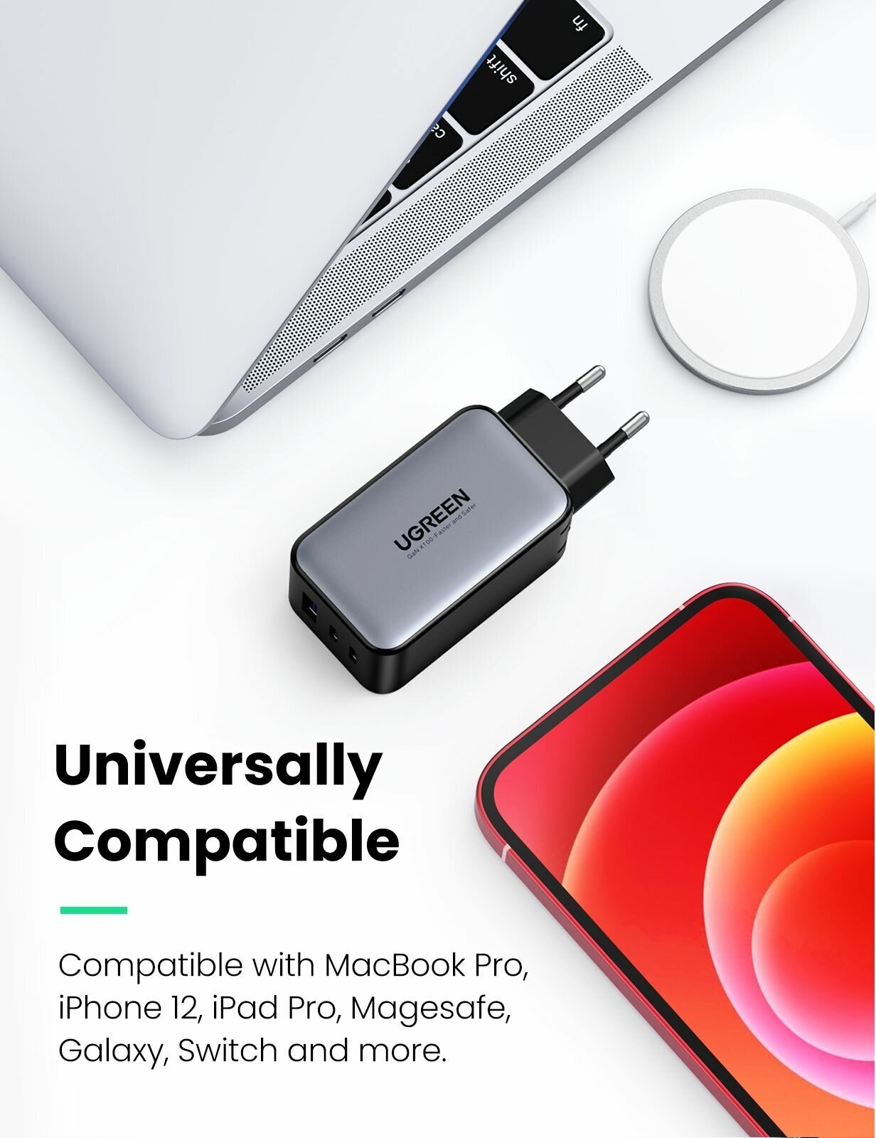 Зарядное устройство сетевое UGREEN 15334_ USB-A/2*USB-C, 65W, белый - фото №2