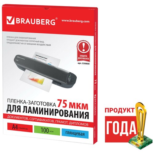 Пленки-заготовки для ламинирования Brauberg А4, комплект 100 шт, 75 мкм (530800)