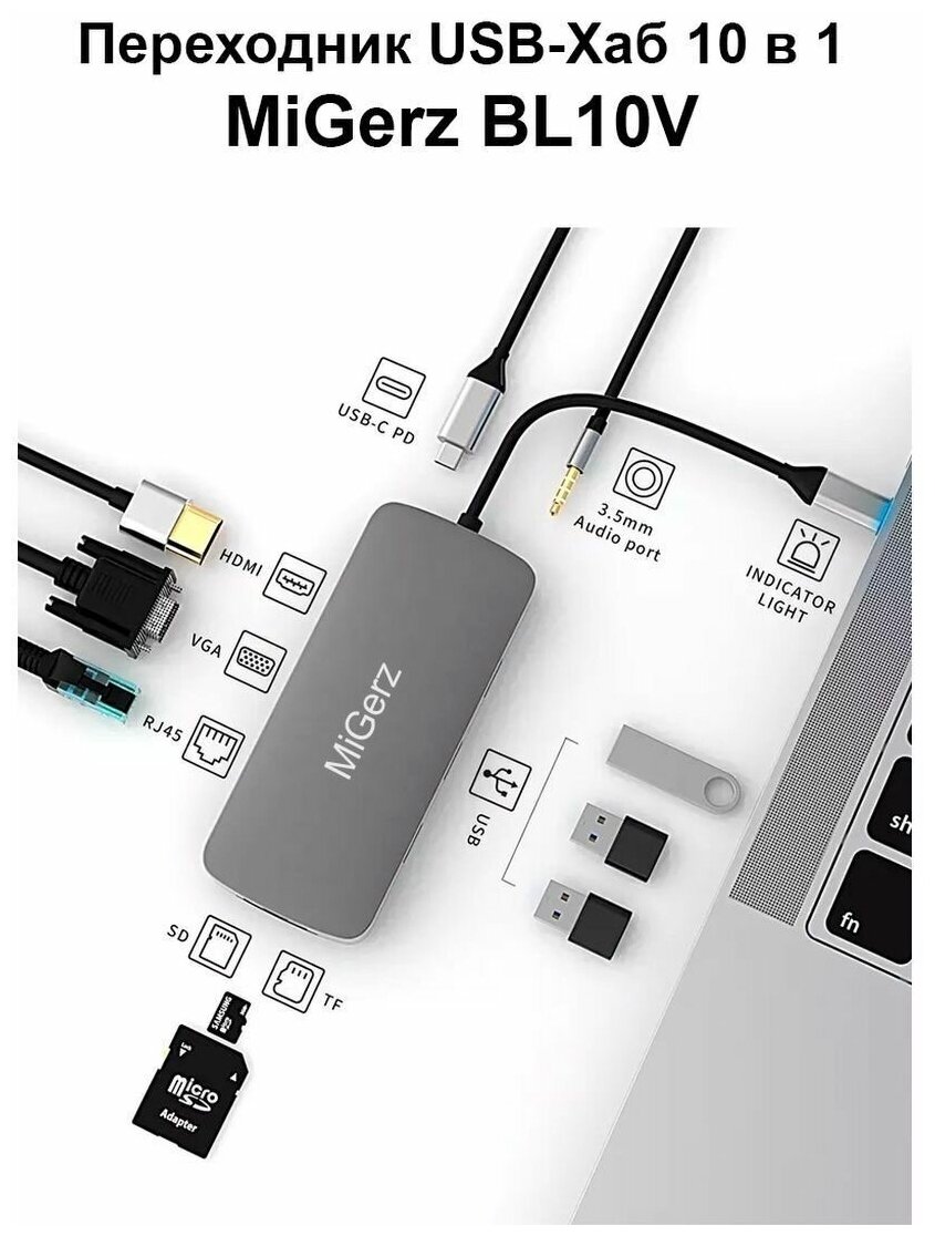 Переходник разветвитель хаб hub USB Type-C 10 в 1 MiGerz