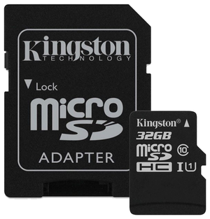 Карта памяти Kingston microSDHC 32 ГБ Class 10, UHS-I U1, R/W 80/10 МБ/с, адаптер на SD, черный